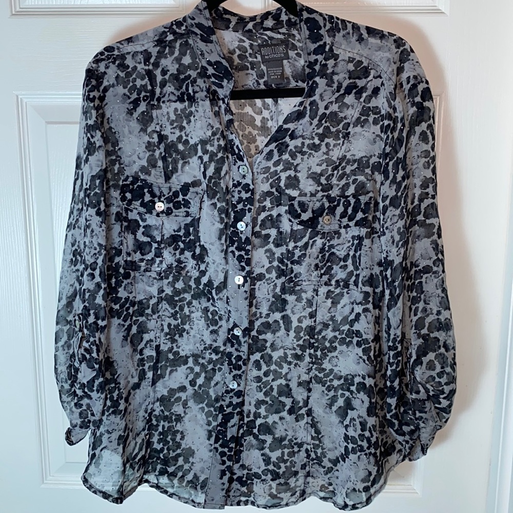 Additions by Chico’s sheer Button down top button up sleeve rhinestones SZ XL